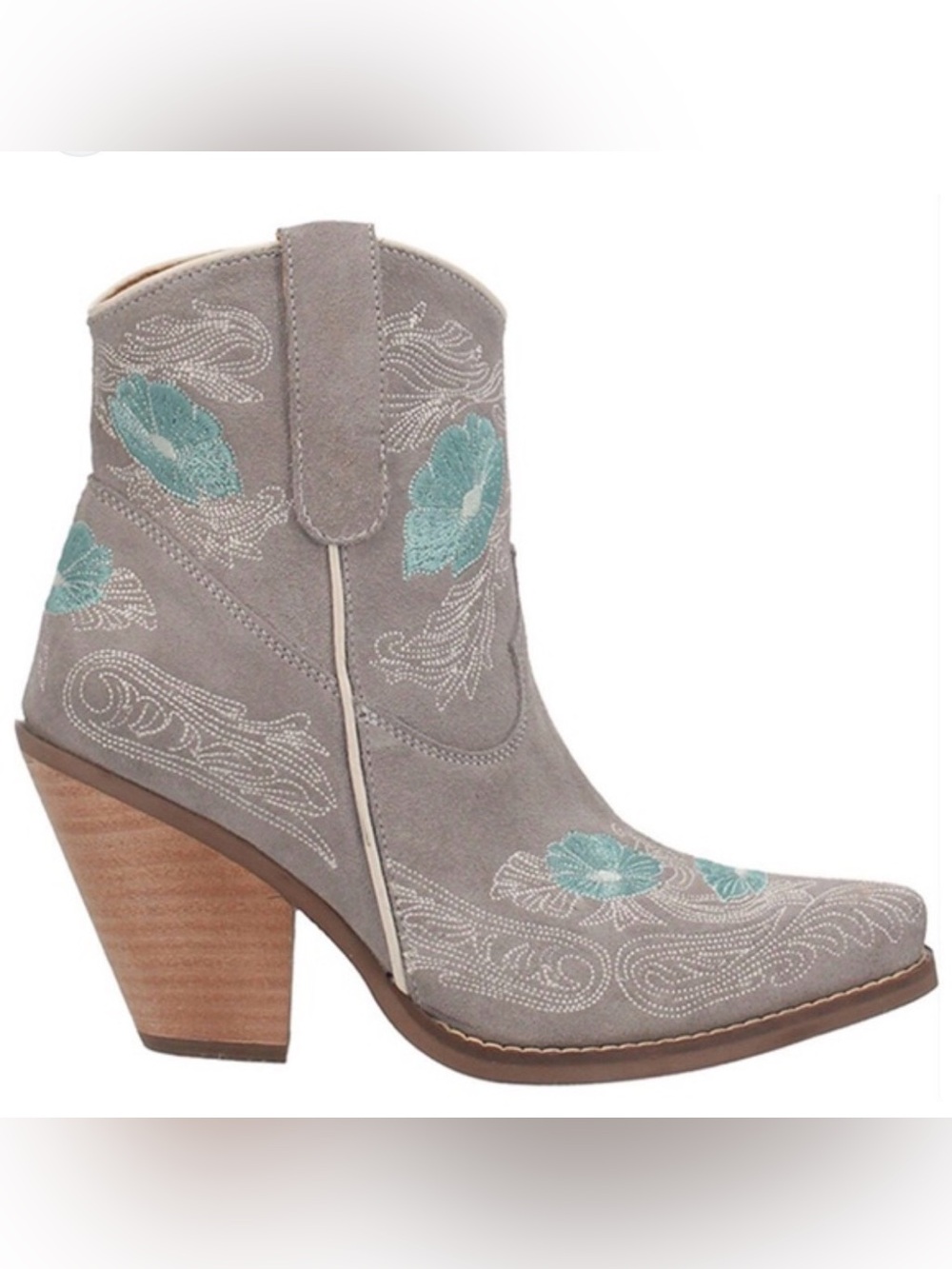 dingo Tootsie floral Taupe Suede Ankle Boots with Teal Floral Embroidery